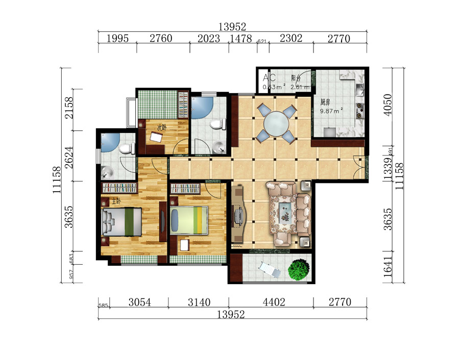 現(xiàn)代簡約三室兩廳150平米全屋定制效果圖|方案 室內(nèi)平面圖2D